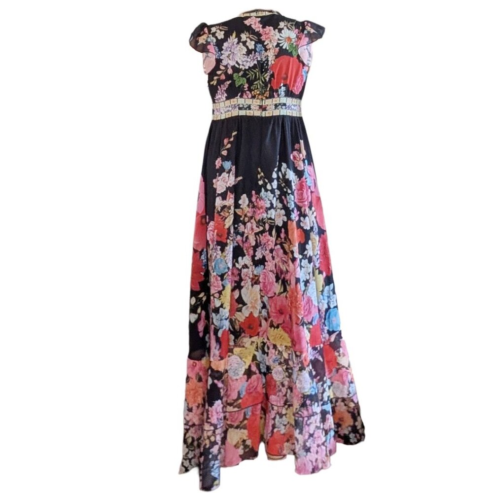 NWT Dalia Macphee Black Floral Plunging Neckline Boho Peasant Maxi Dress Sz L - Picture 2 of 7